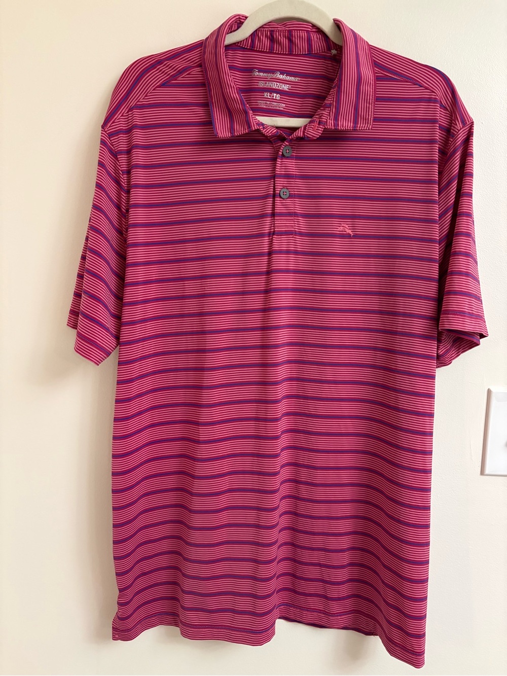 Tommy Bahama IslandZone Performance Polo XL Pink Blue Striped Golf Shirt Stretch